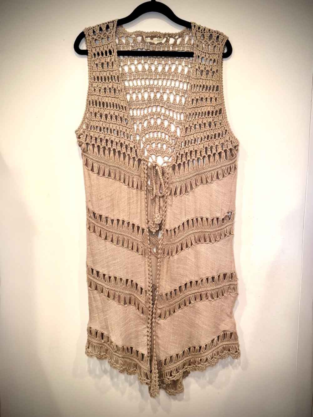 Boho Crochet Long Vest Camel Brown Tie Front One Size